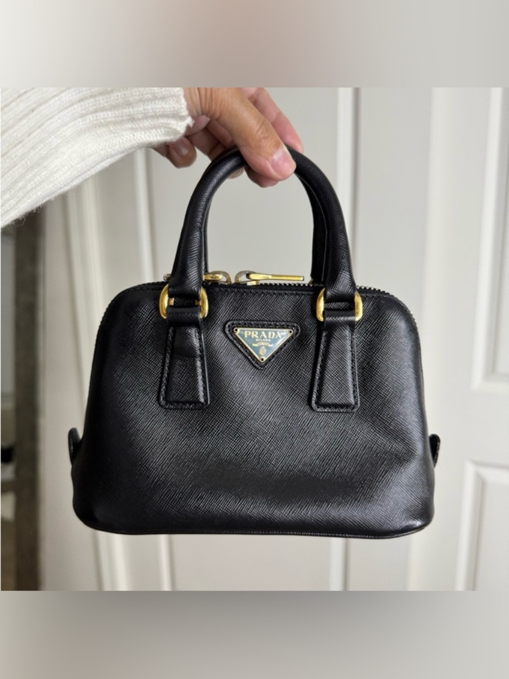 PRADA Blue Saffiano Leather Mini Crossbody Bag with Gold Hardware
